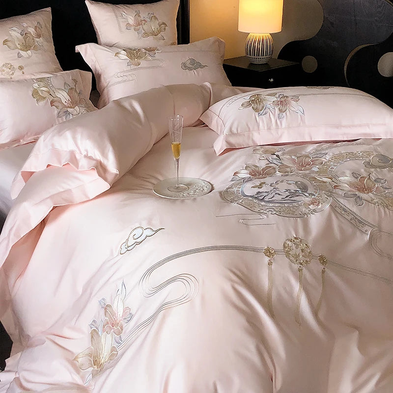 Flowers Bird Embroidery Luxury Bedding Set 1000TC Egyptian Cotton Duvet Cover Bed Sheet Pillowcases 4/5Pcs