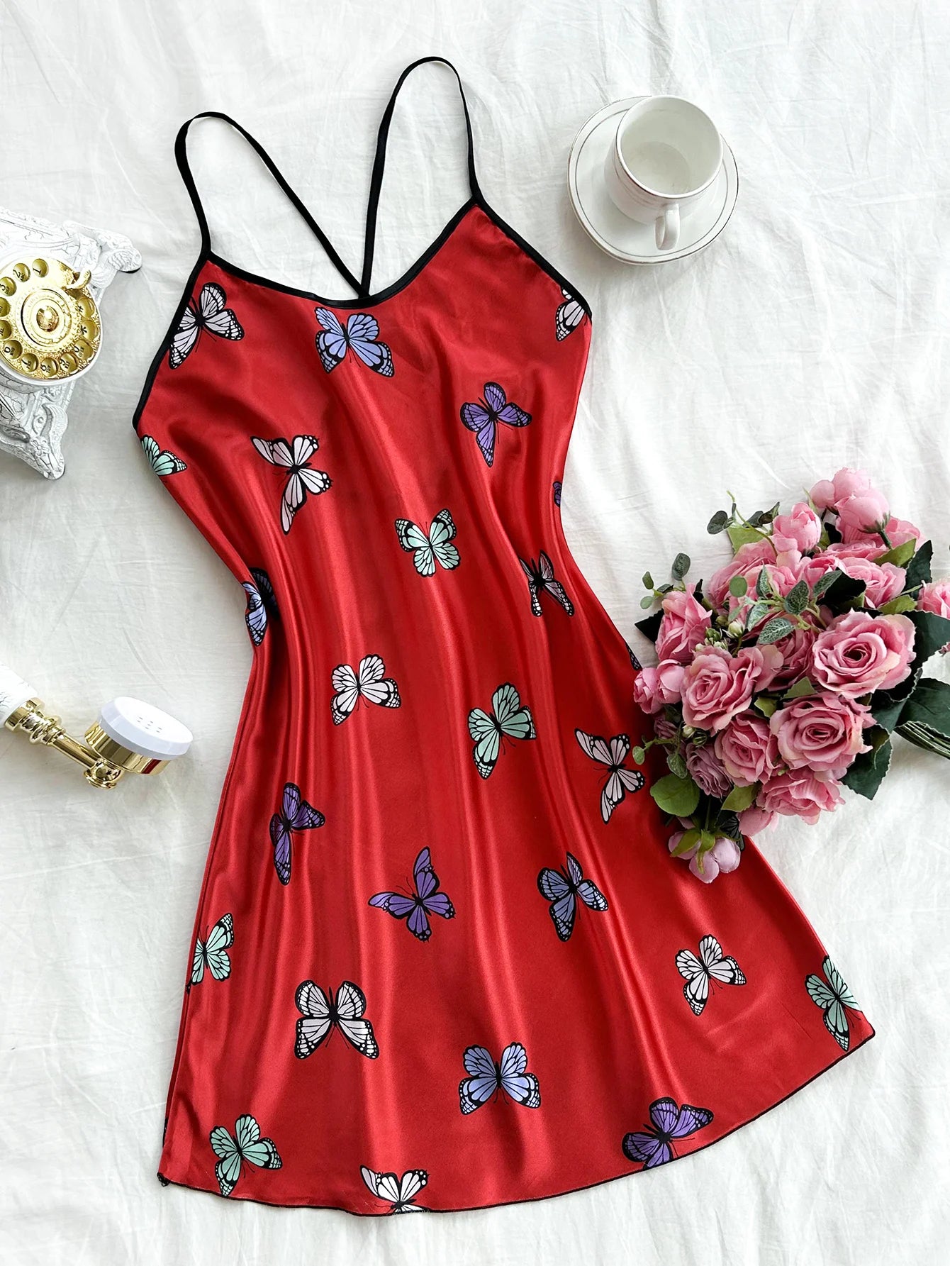 Silk Stain Butterfly Printed Slip Sexy Backless Nightdress