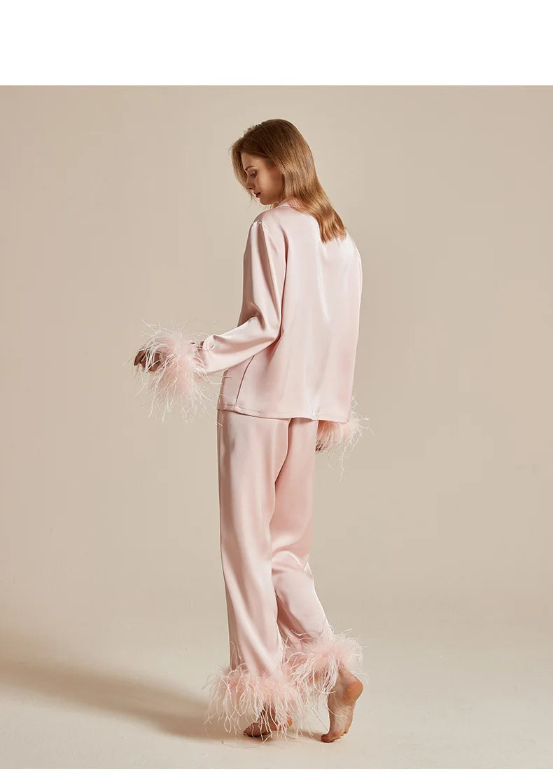 Luxury Feathers 2Pcs Silk Satin Long Sleeve Trouser Elegant Home Wear