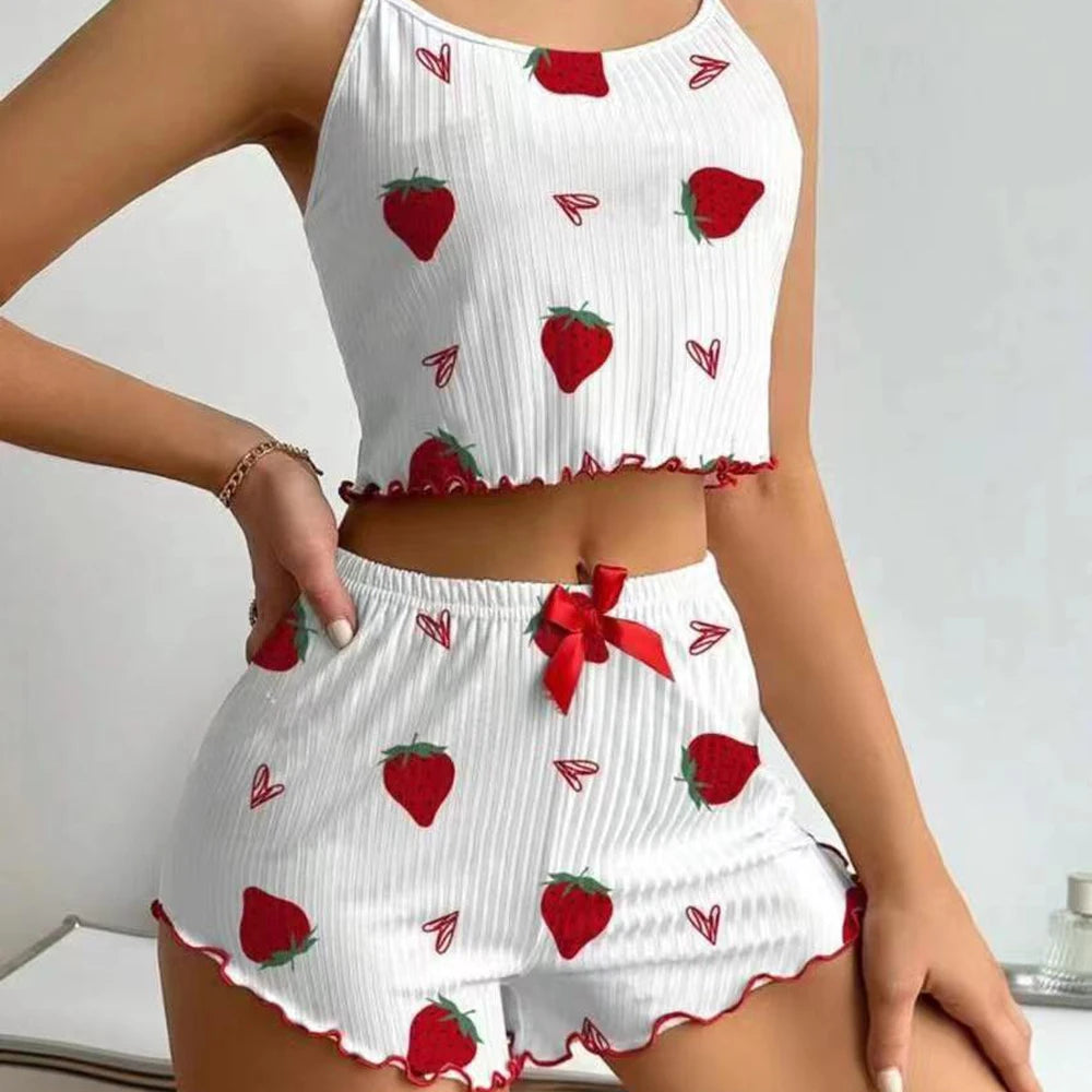 Strawberry Print Ribbed Two-Piece Knit Camisole Pajama Set