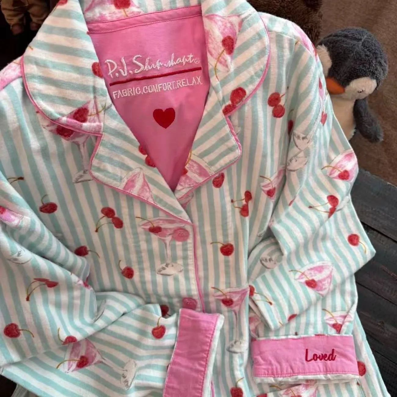 Women's Pajamas Set Cute Cartoon Print Sleepwear Top&pants Two-piece Soft Cotton Femme Nightwear
