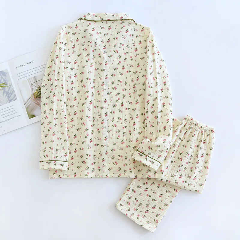 Ladies 100% Cotton Crepe Long sleeved Pants Two-piece Cute and Sweet Set