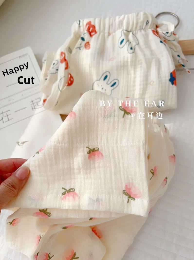 Thin Pure Cotton Bubble Cotton Gauze Sweet Loose High Waist Full Cotton Shorts