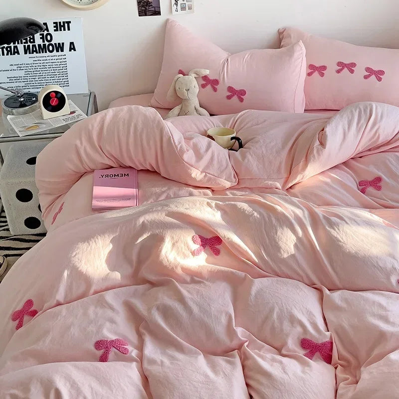 3D Embroidered Bow Quilt Set Cotton Pink Comfortable Soft Bedding