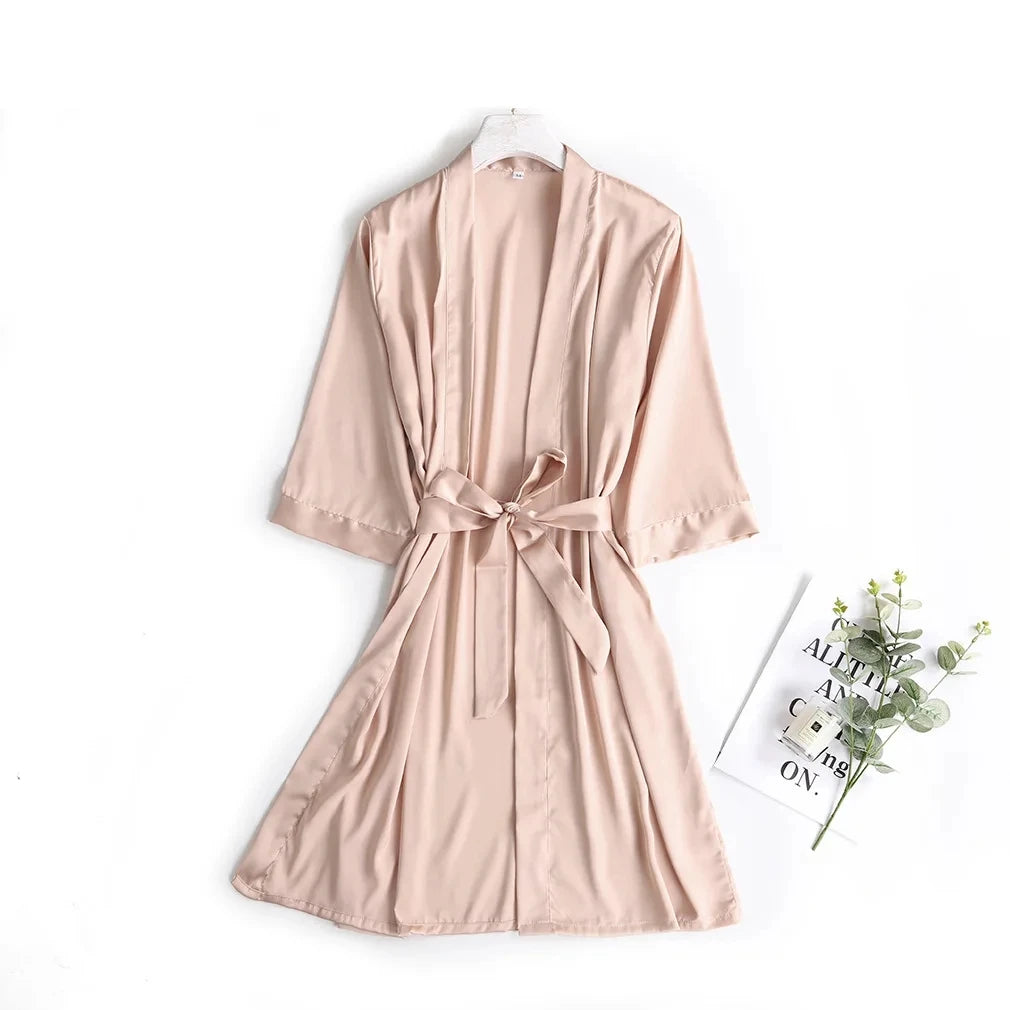Ladies Bride- style Morning 3/4 Sleeve Loose Female Silk Satin Kimono Lingerie Gown