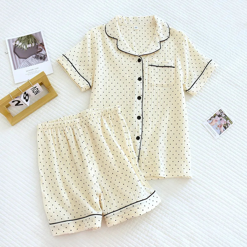 Japanese Short-sleeved Shorts Two-piece Ladies Cotton Crepe Cute Fresh Loose Set