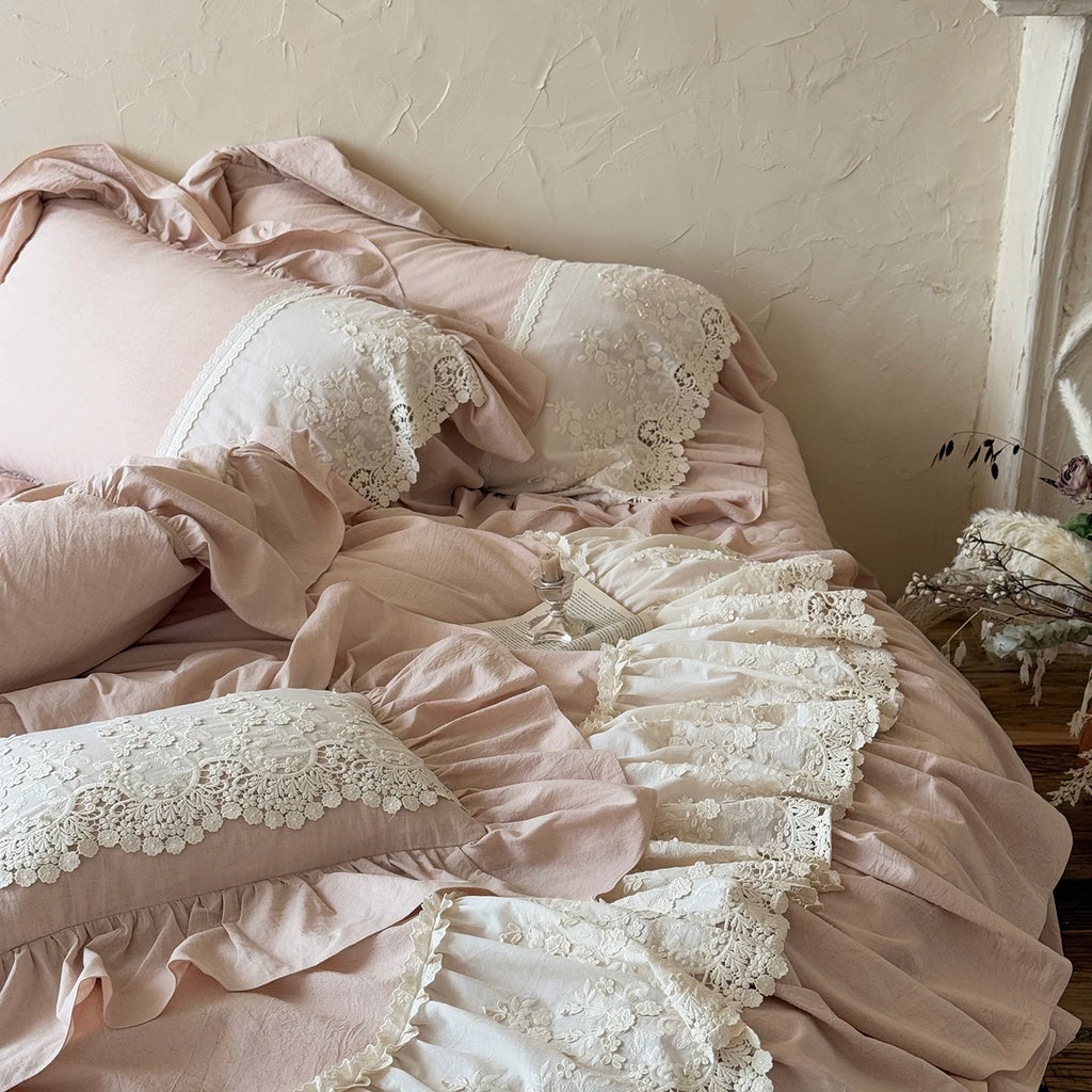 Romantic French Double Layer Lace Ruffles Bedding Set 20% Ramie, 80% Cotton Duvet Cover Set Quilted Bedspread Pillowcases