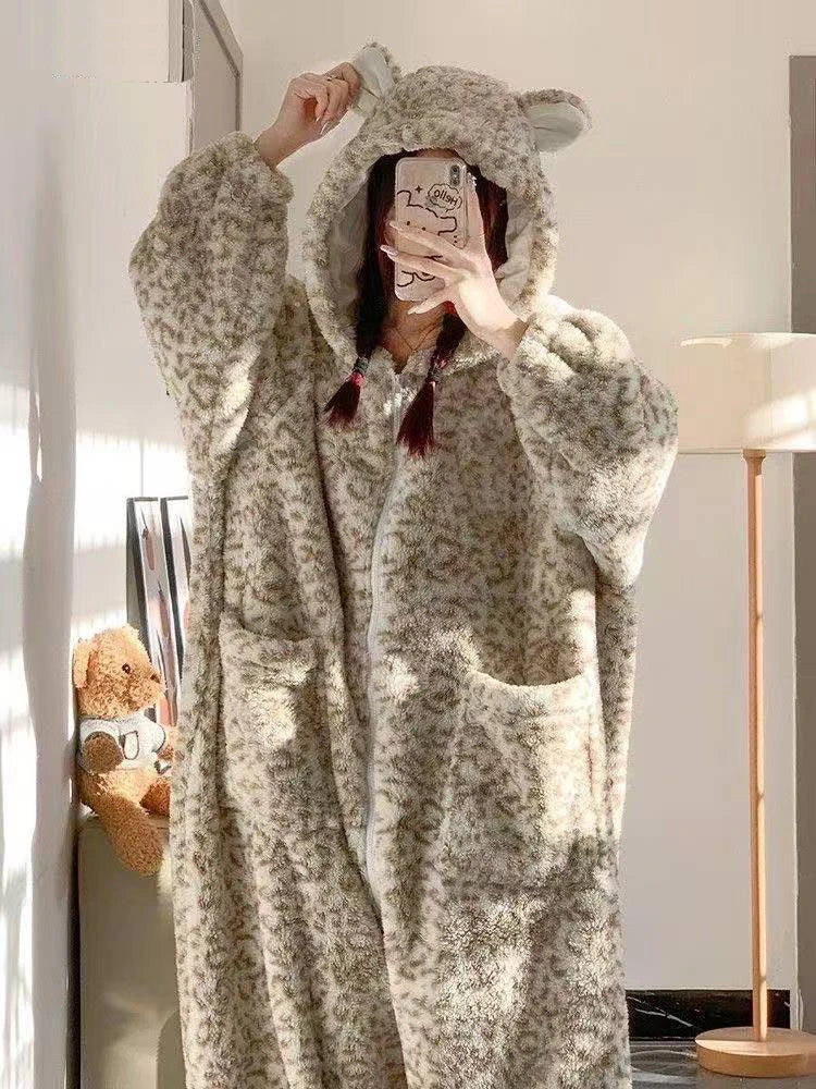 Leopard Hooded Onesie Flannel Pochets Overall Slippers Set