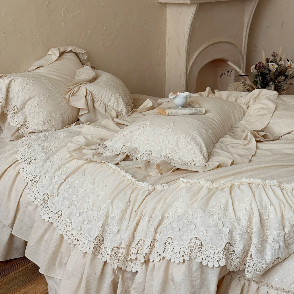 Romantic French Double Layer Lace Ruffles Bedding Set 20% Ramie, 80% Cotton Duvet Cover Set Quilted Bedspread Pillowcases