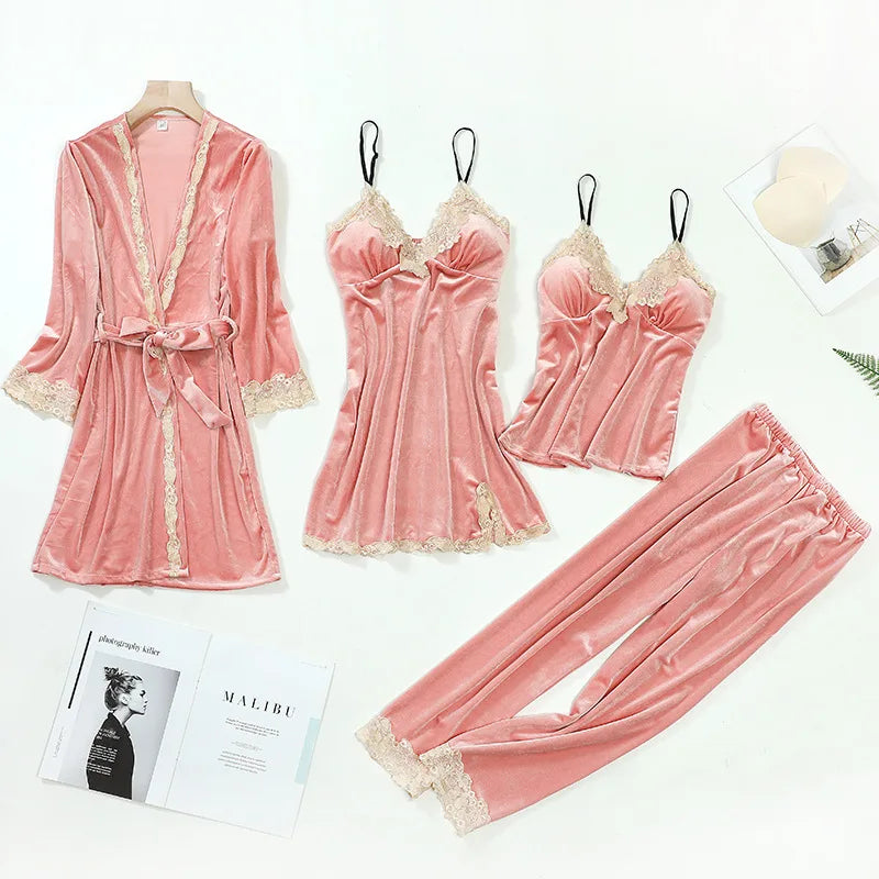 Velvet Lace Long Sleeve Set with Chest Pad Strap Four-piece