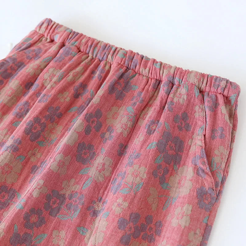 Jacquard Cute and Fresh Flower Pants 100% Cotton Loose Closing Home Pants