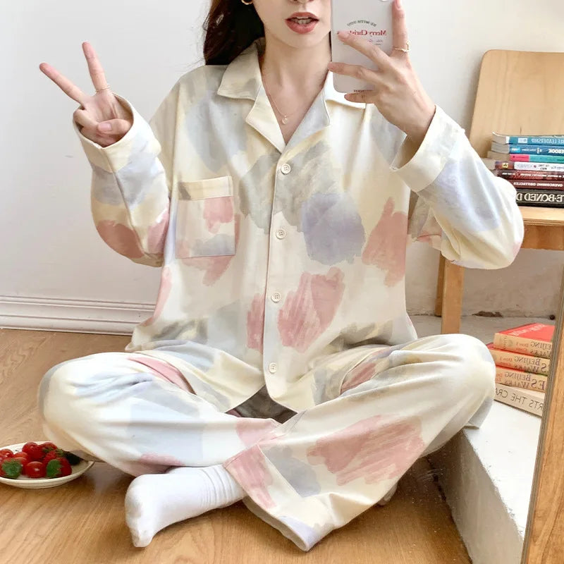 Women's Cardigan Long-sleeved Long Pants Cotton Comfortable Pajamas