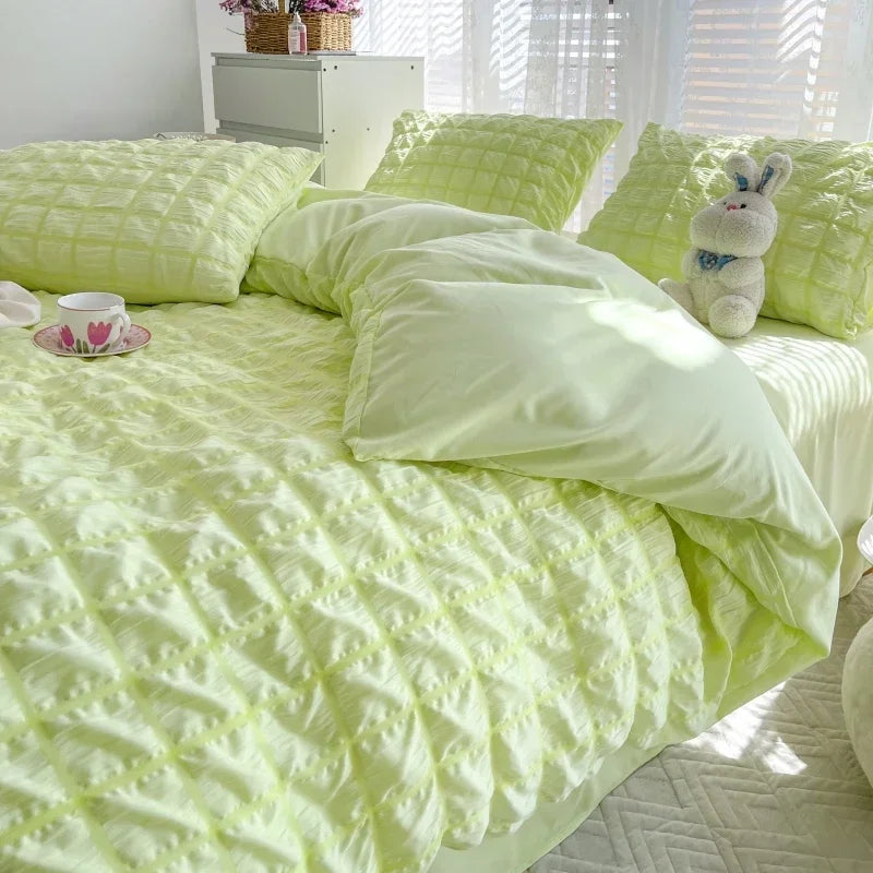 Puffy Check Bubble Fabric Set Duvet Pillowcase Bedding Sheet Quilt Cover Set