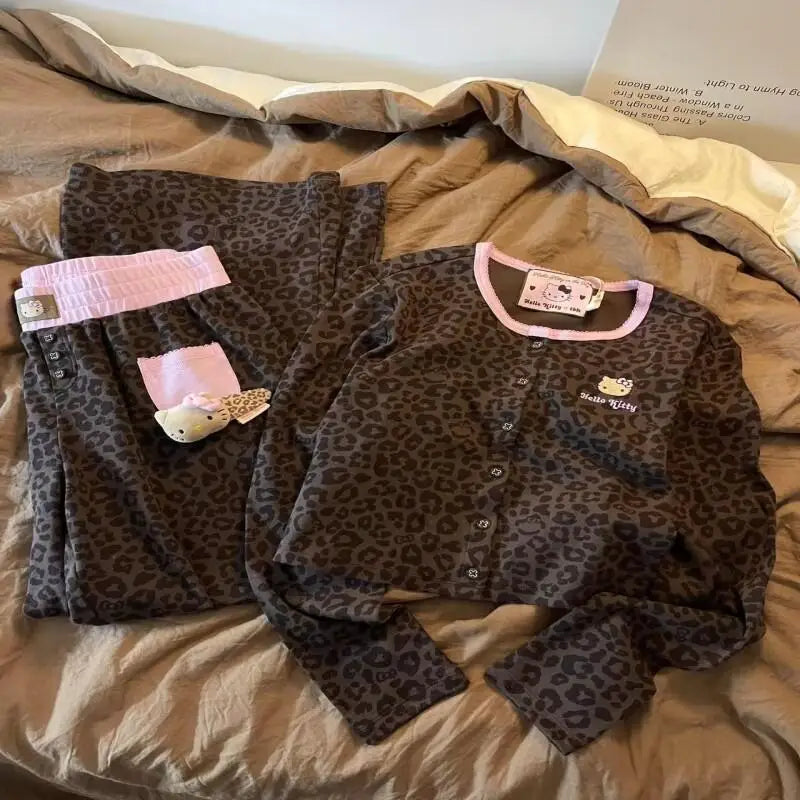 Leopard Print Hello Kitty Women Embroidery Long Sleeve Sweet Slim Fit Homewear Set