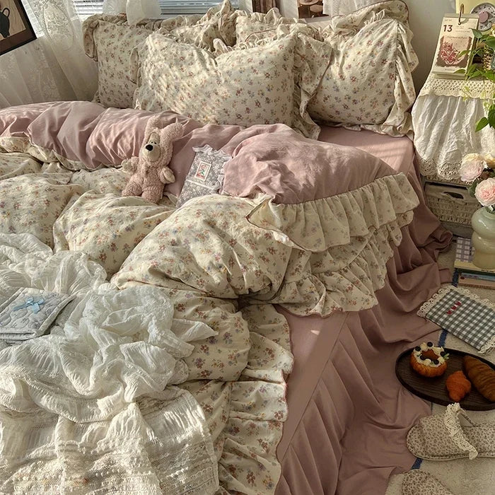 Princess Style Floral Ruffles Bedding Set Skin-friendly Soft Duvet Cover Set Bed Sheet Or Bed Skirt Pillowcases
