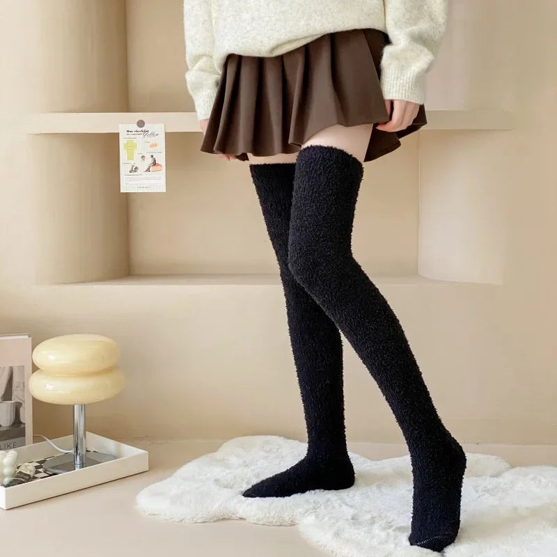 Fuzzy Fleece Over Knee Socks Plush Cozy Lined Terry Socks
