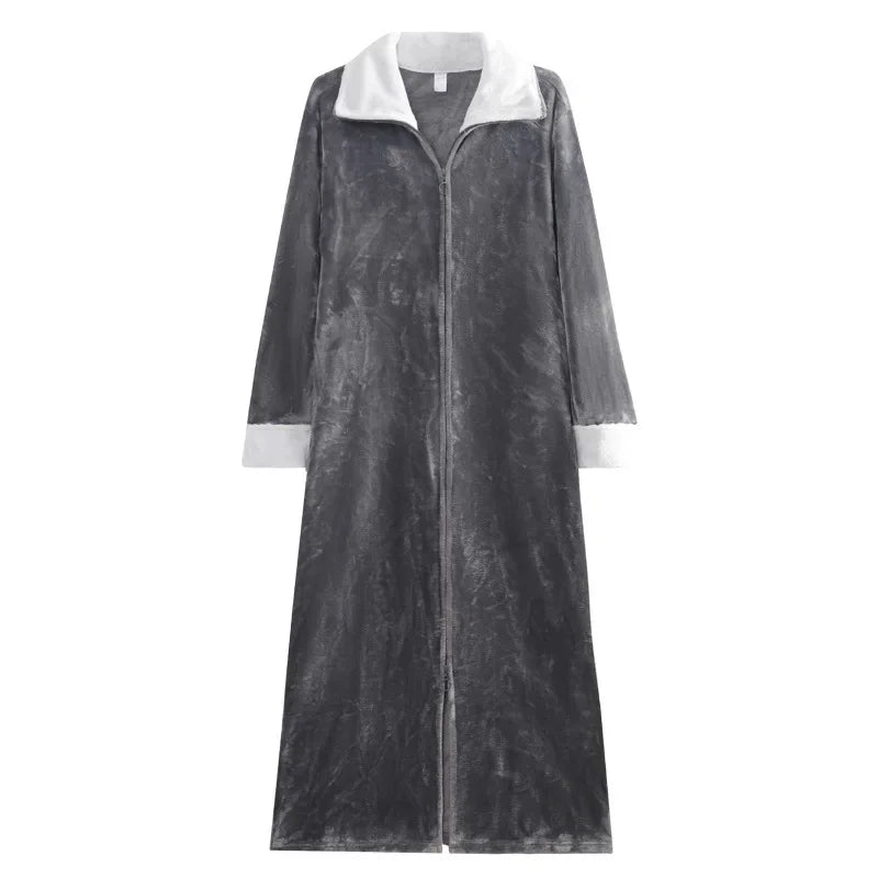 Ultra Long Thick Warm Bathrobe Thermal Flannel with Zipper