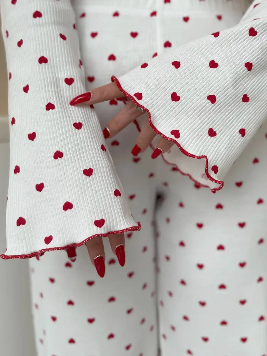 Y2K-Style Two-piece Cherry/Heart Print Cuffed-Long-Sleeve Tops and Long Trousers