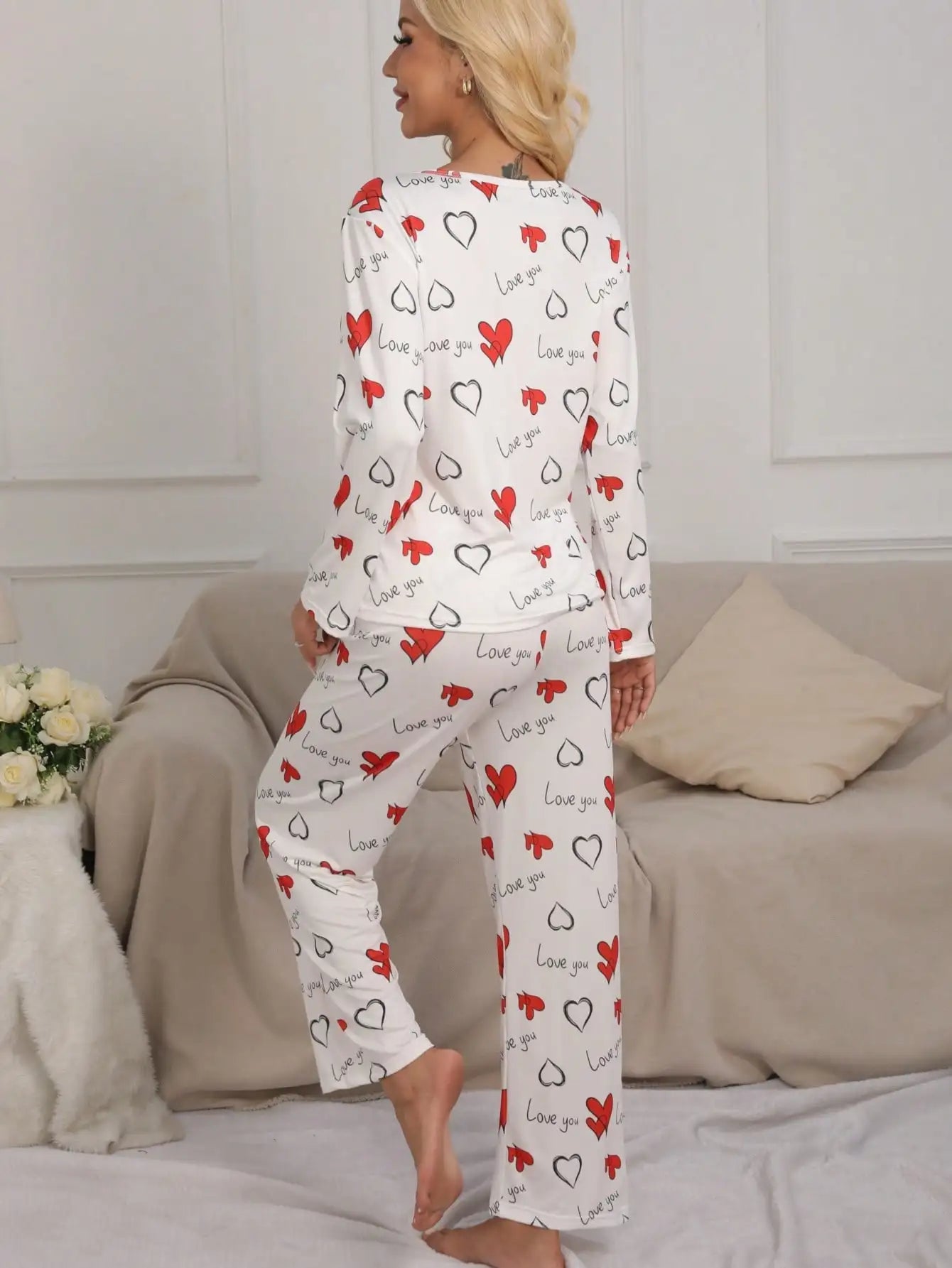 Long-sleeved Heart pattern Round-neck Knitted Pajamas Printed with "Love You"