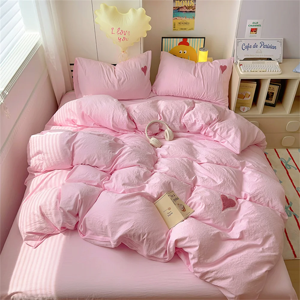 Heart Pattern Solid Color Bedding Set Soft Bed Flat Sheet Duvet Cover Set Pillowcases Simple Bed Linen