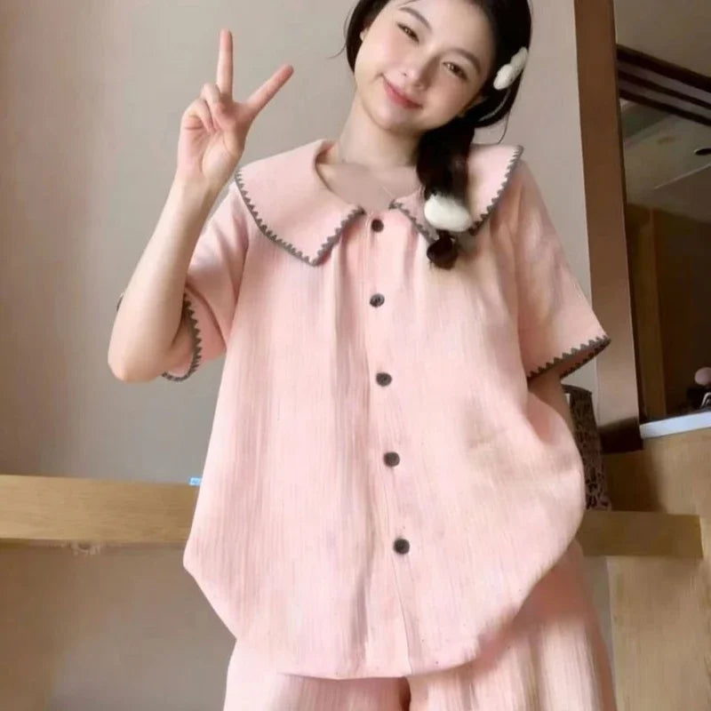 Sweet Ruffles Sets 2 Pieces Short Sleeve Night Wears