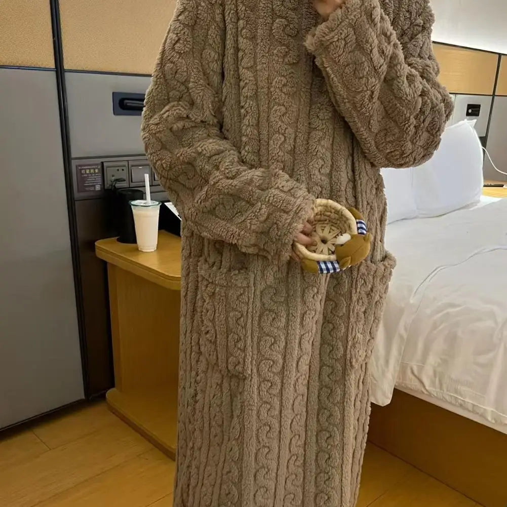 Velvet Women's Long Sleeve Double Pocket Flannel Loose Solid Sleepwear