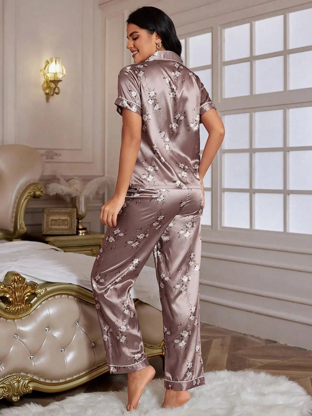 Elegant Floral Print Satin Pajama Set with Contrast Trim