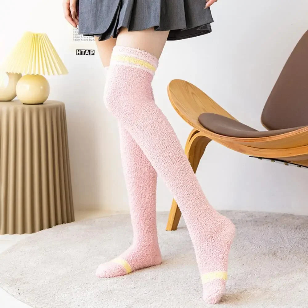 Fuzzy Fleece Over Knee Socks Plush Cozy Lined Terry Socks