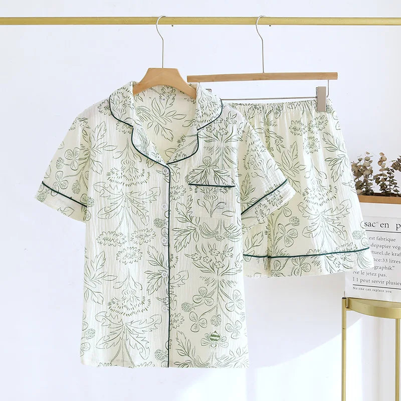 Japanese Short-sleeved Shorts Two-piece Ladies Cotton Crepe Cute Fresh Loose Set