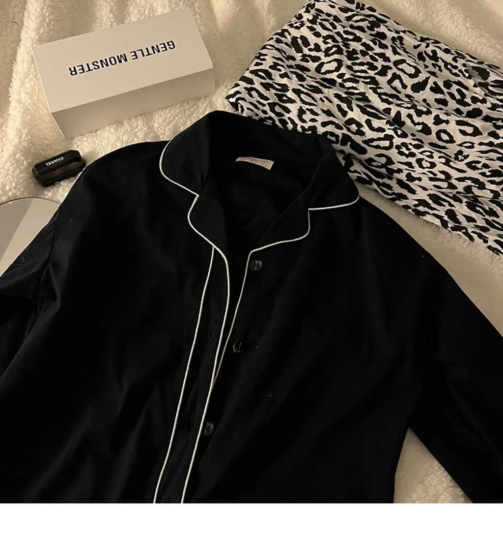 Ladies Black Leopard Cardigan Set