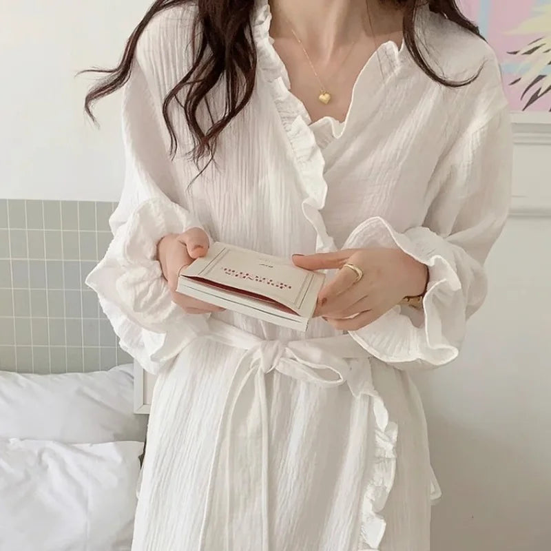 Girls Sweet Ruffled Simple Long-Sleeved Robe