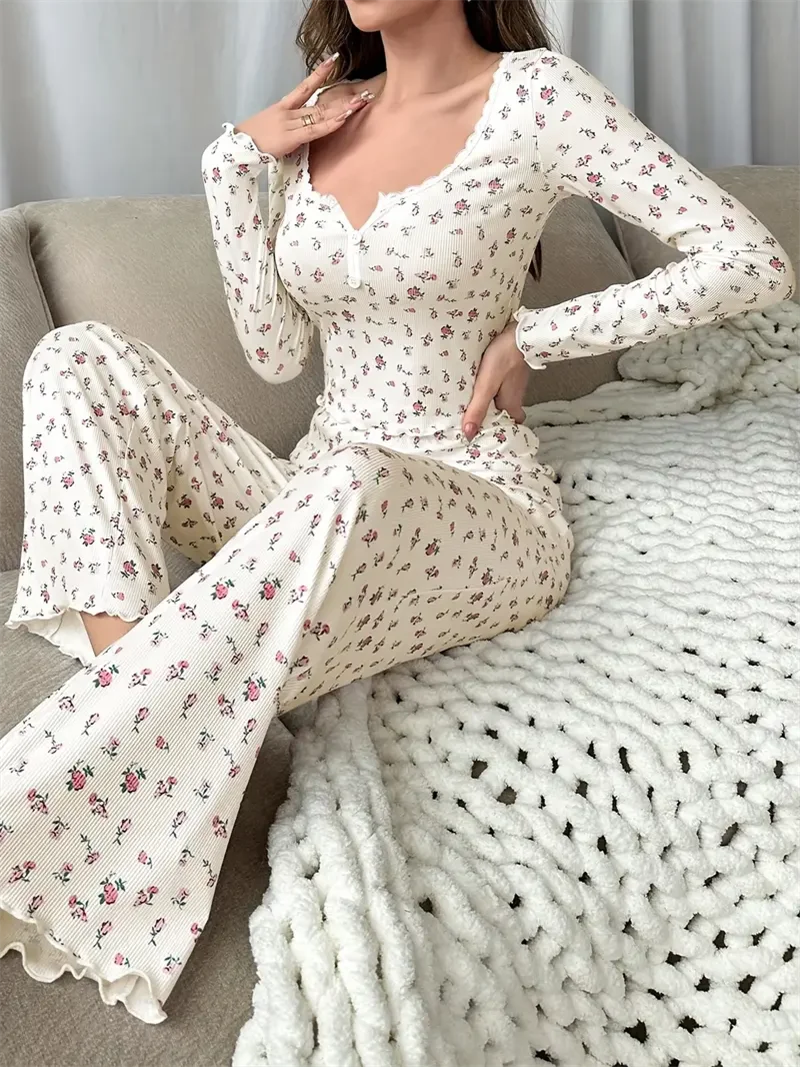 Ditsy Floral Apricot Soft Pajama Set Long Sleeve Top and Pants Loungewear
