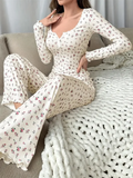 Ditsy Floral Apricot Soft Pajama Set Long Sleeve Top and Pants Loungewear