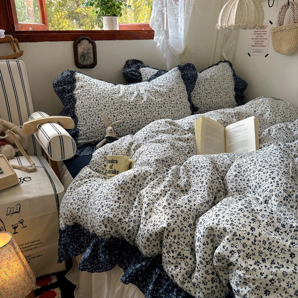 Vintage Flowers Lace Ruffles Duvet Cover Set Pillowcase For Home Bedroom Decor