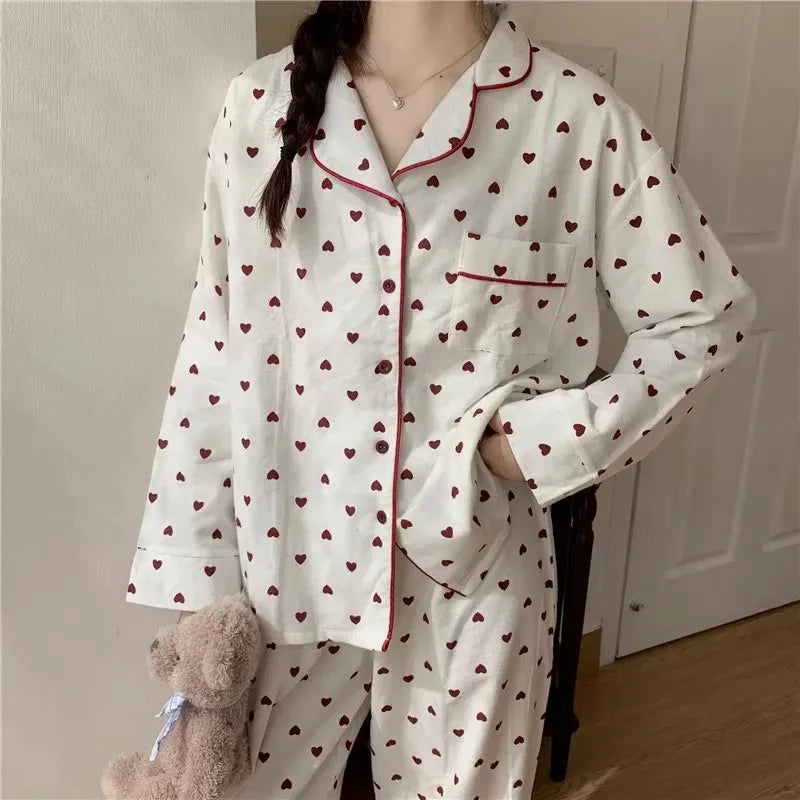 Peach Heart Long Sleeves Silk Pajamas