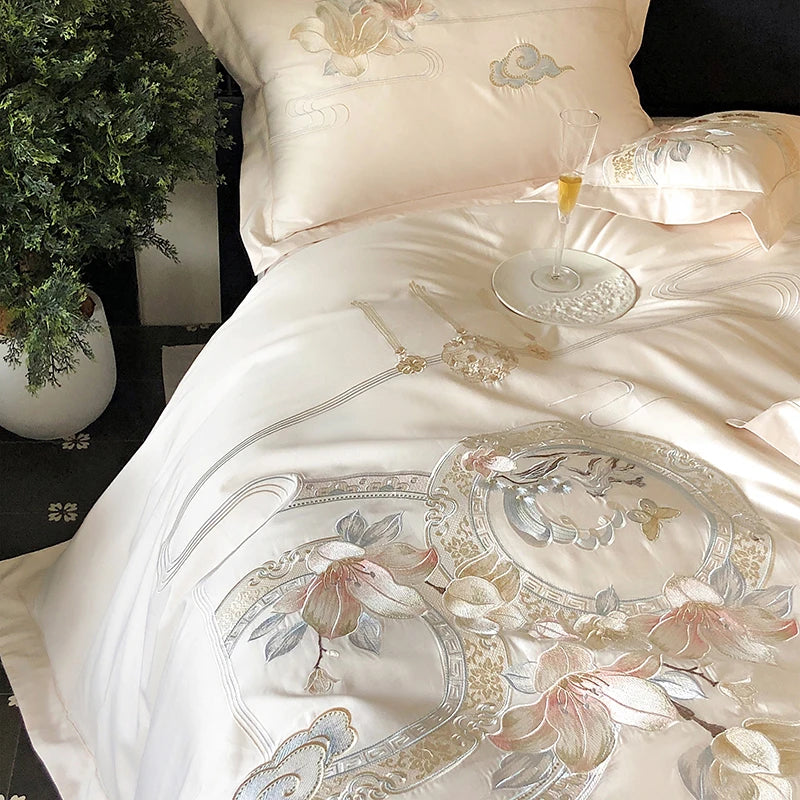 Flowers Bird Embroidery Luxury Bedding Set 1000TC Egyptian Cotton Duvet Cover Bed Sheet Pillowcases 4/5Pcs