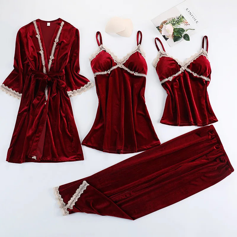 Lace Velvet 4 Pieces Women Warm Pajamas Sets With Pants Sexy Robe Sleepwear Sleeveless Nightwear