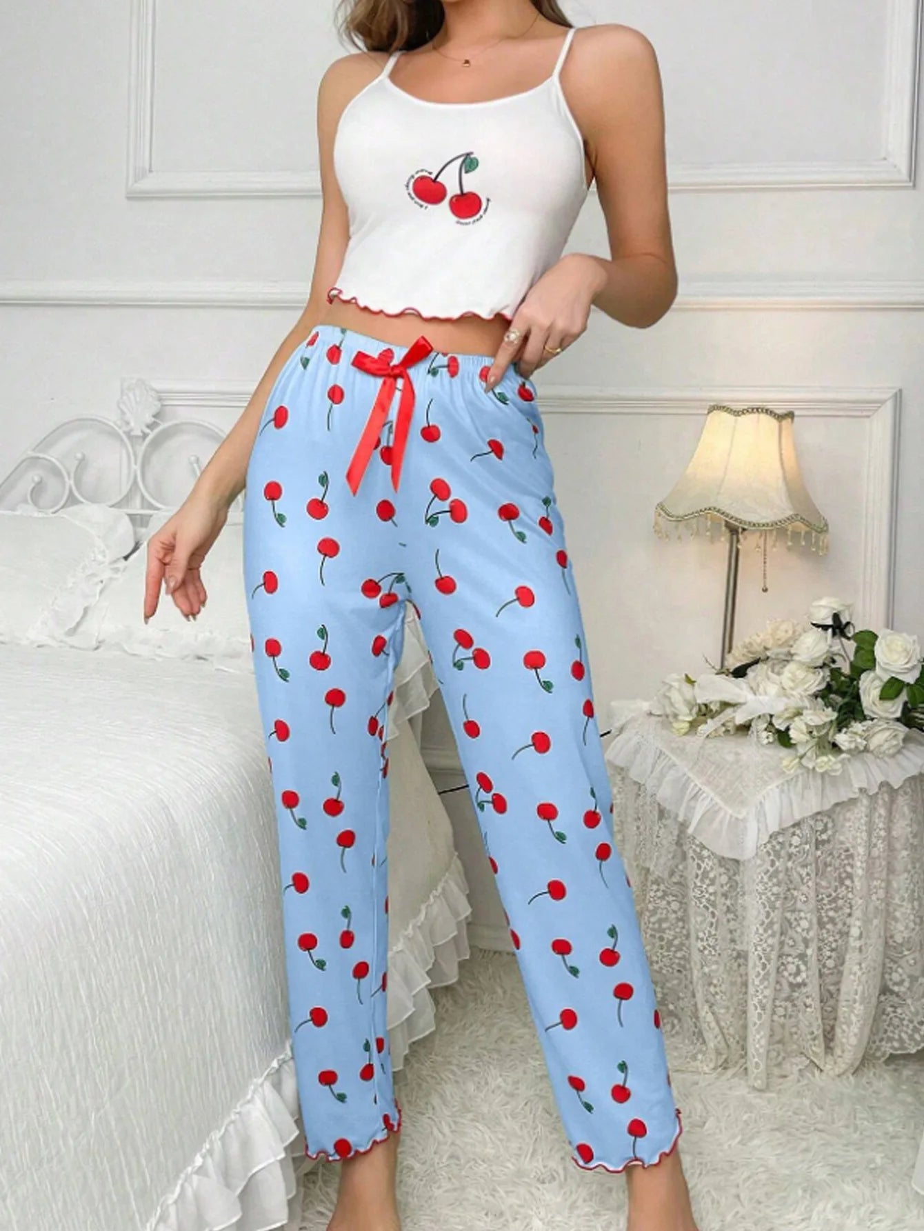 Y2K Coquette Cherry Print Pajama Cami Crop Top Pants Two Piece Loungewear