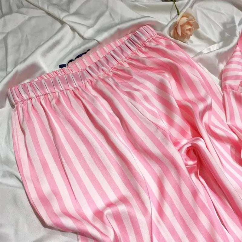 Women's Satin Pink Striped Pajama Set Silk Luxury Button up Top with Bottom