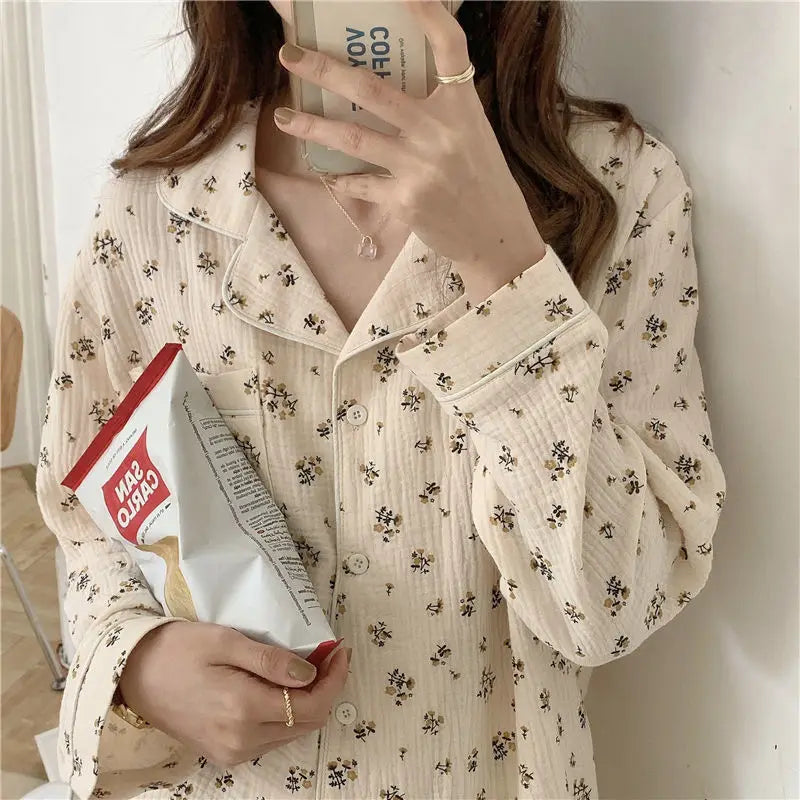 Long-Sleeved Rustic Style Floral Imitation Cotton Wrinkled Cloth Loose Pajamas