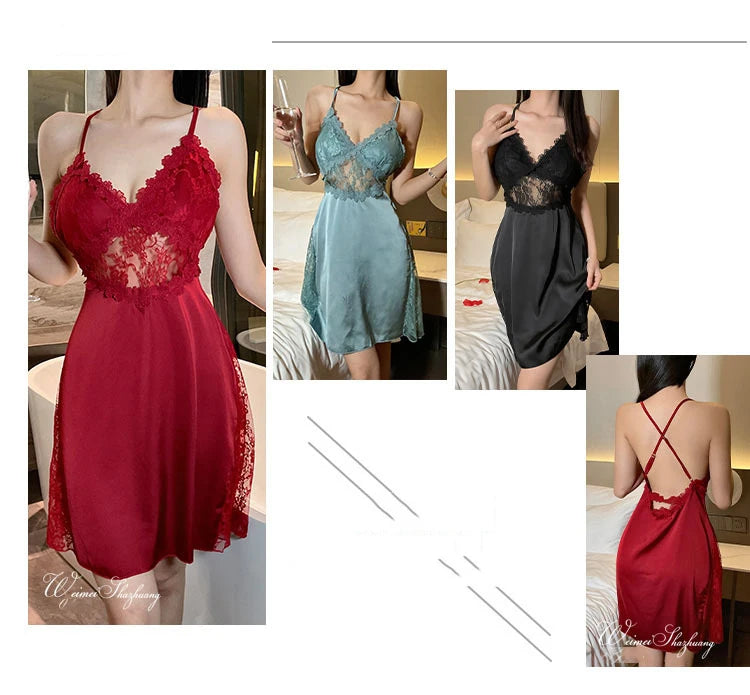 Sexy Camisole Nightgown Satin Deep V Backless Luxury Sleepwear