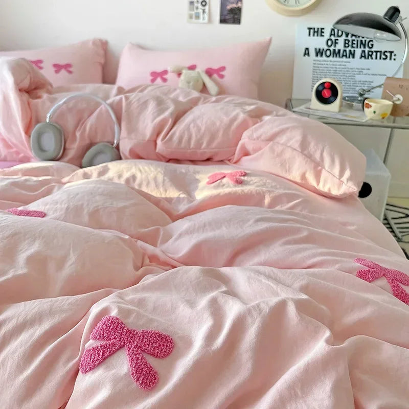 3D Embroidered Bow Quilt Set Cotton Pink Comfortable Soft Bedding