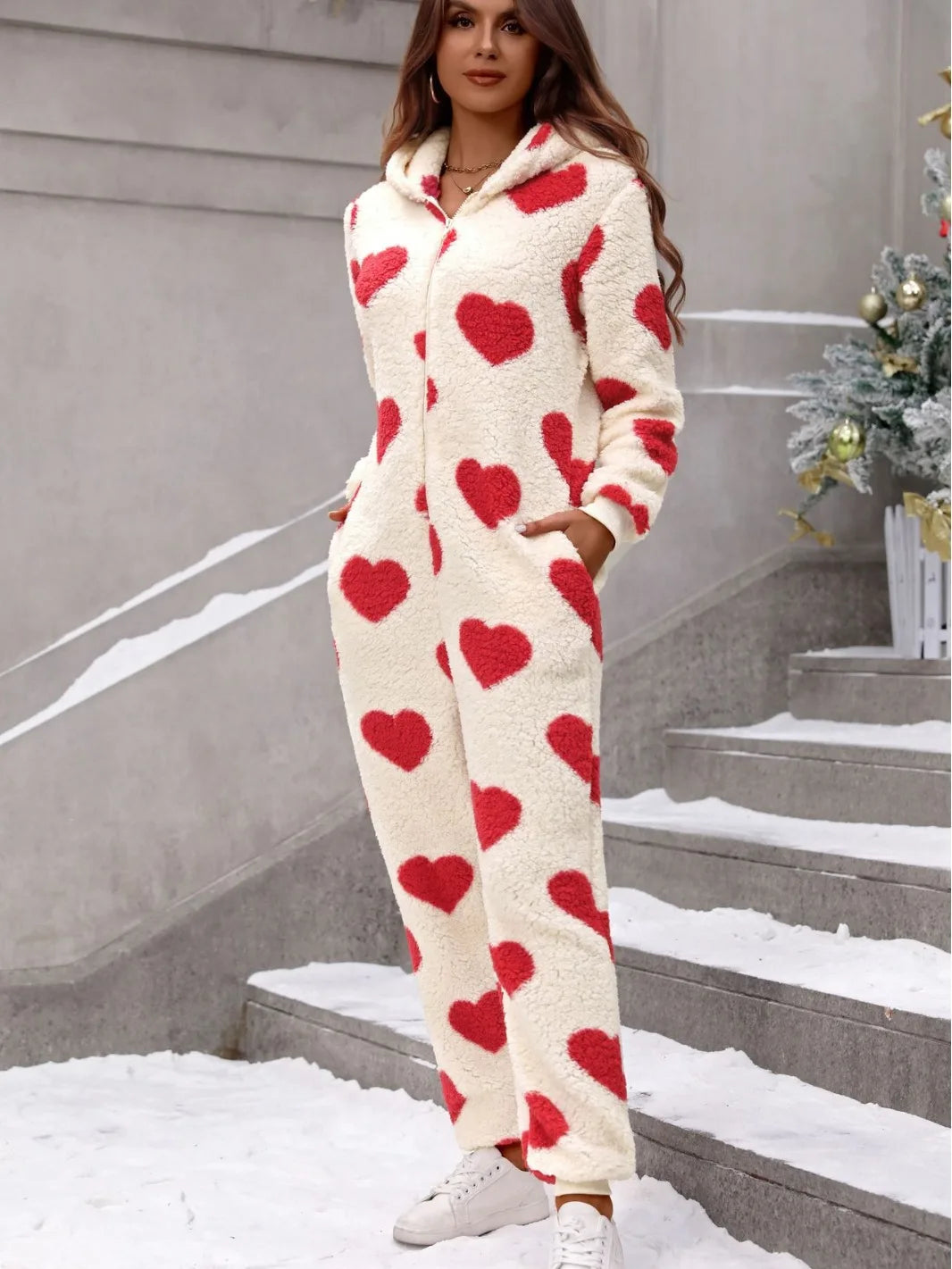 Cute Heart Print Long Sleeve Plush Sleep Jumpsuit