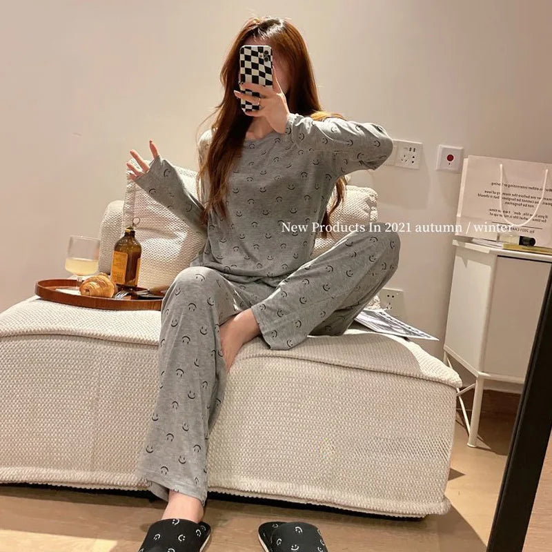 Smiley Two-piece Long-Sleeved Long Pants Soft Skin-Friendly Sleep Pajamas