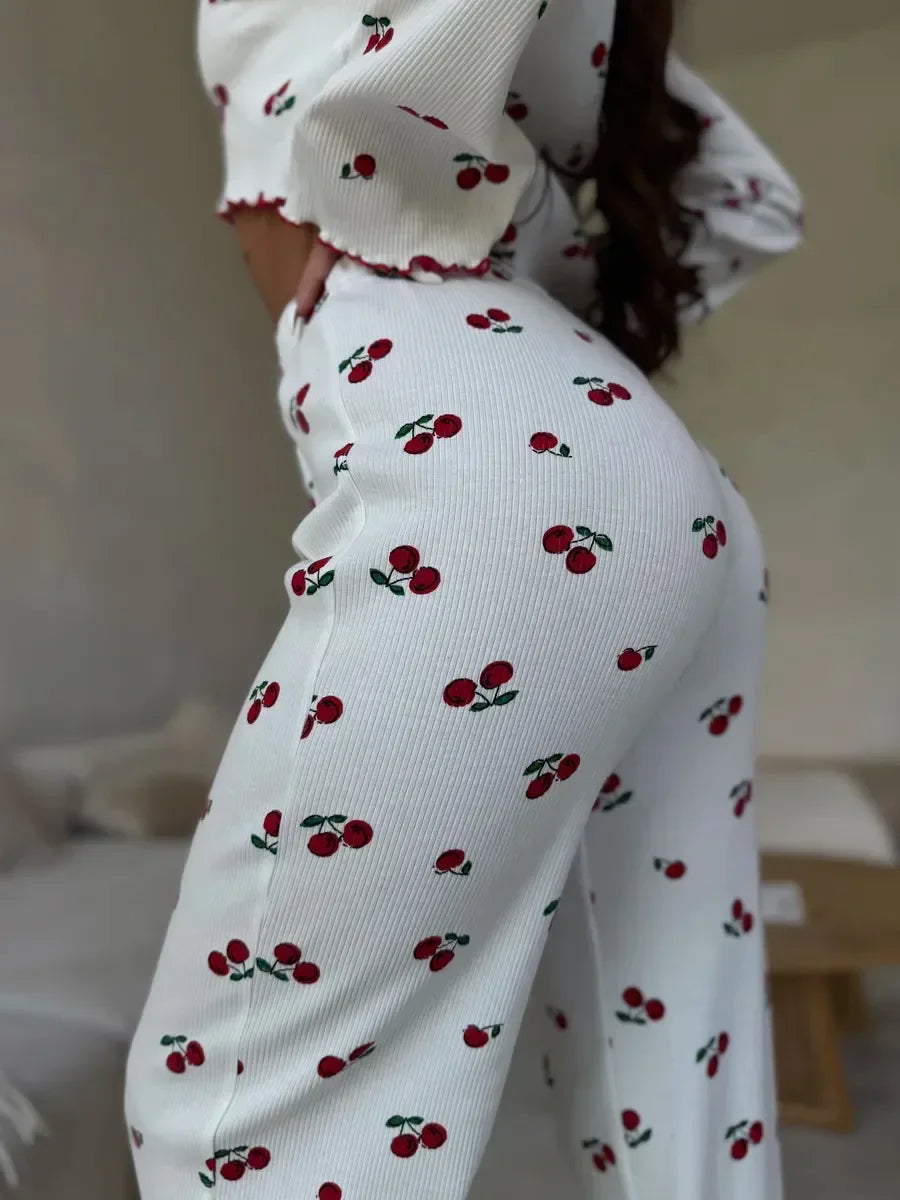 Y2K-Style Two-piece Cherry/Heart Print Cuffed-Long-Sleeve Tops and Long Trousers