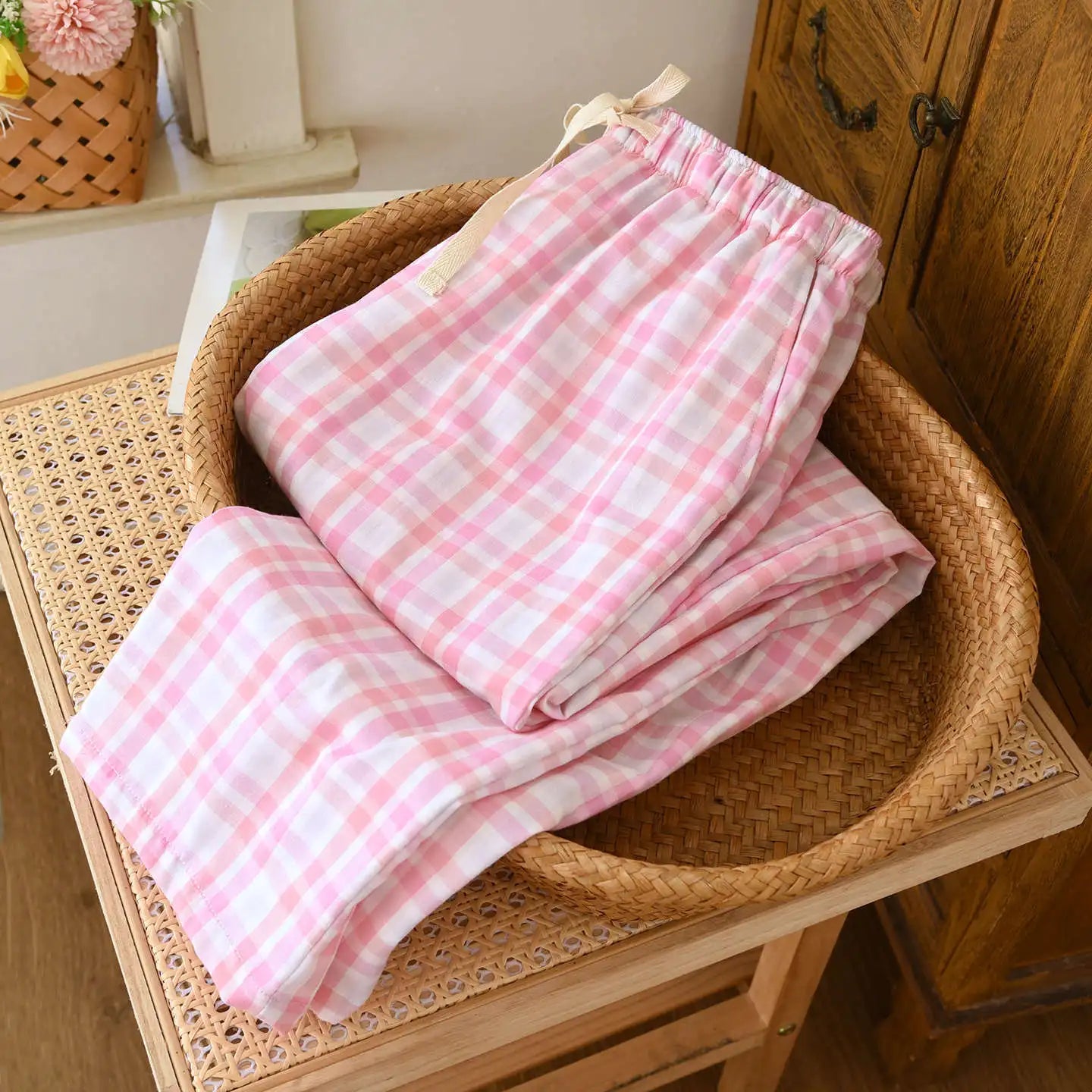 Women's Sleeper Pants 100% Gauze Pants Checkered Casual Loose Home Pants