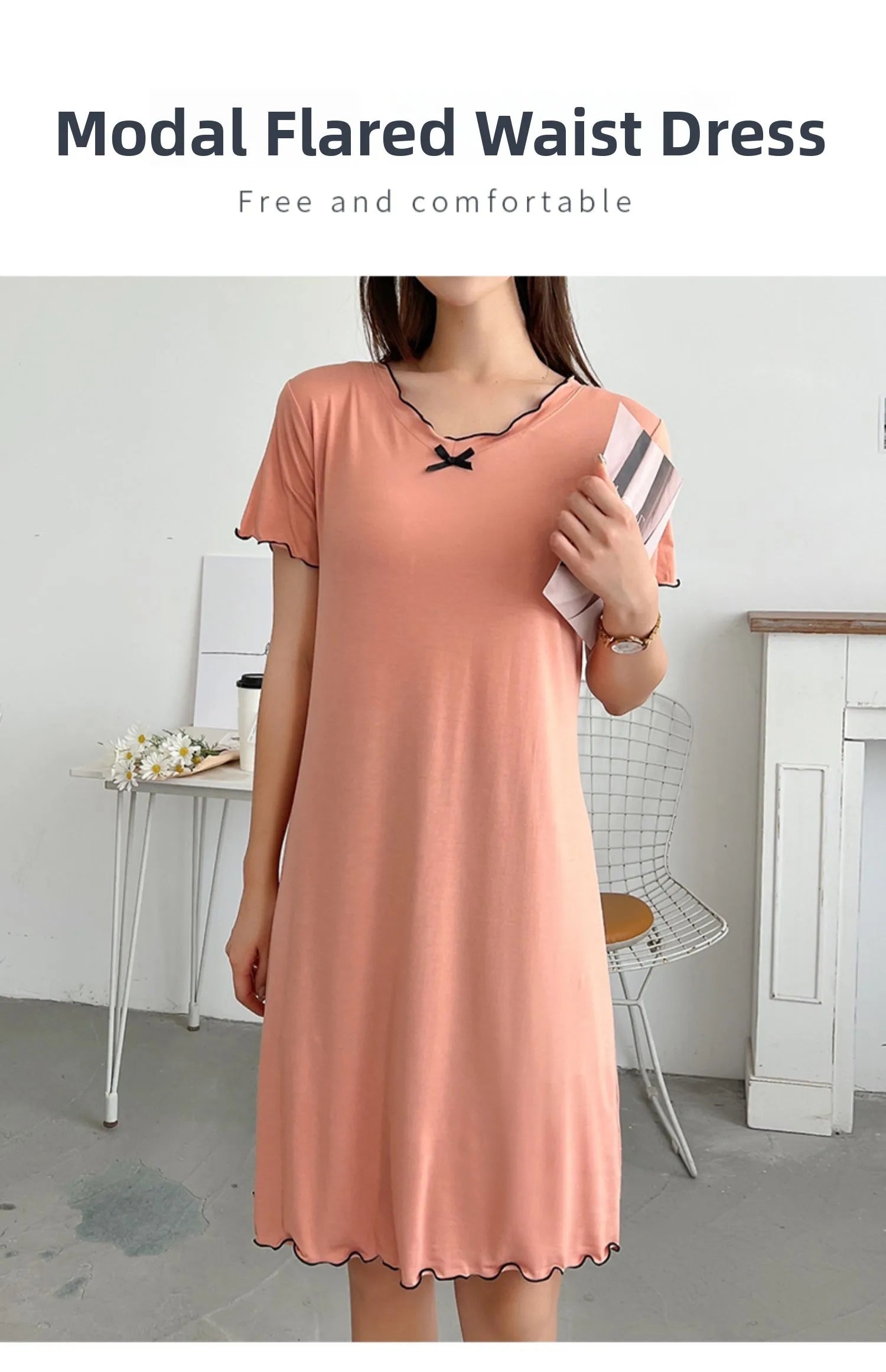 Loose Modal Short Sleeve Home Skirt A-Line Skirt Comfortable V-Neck Dress