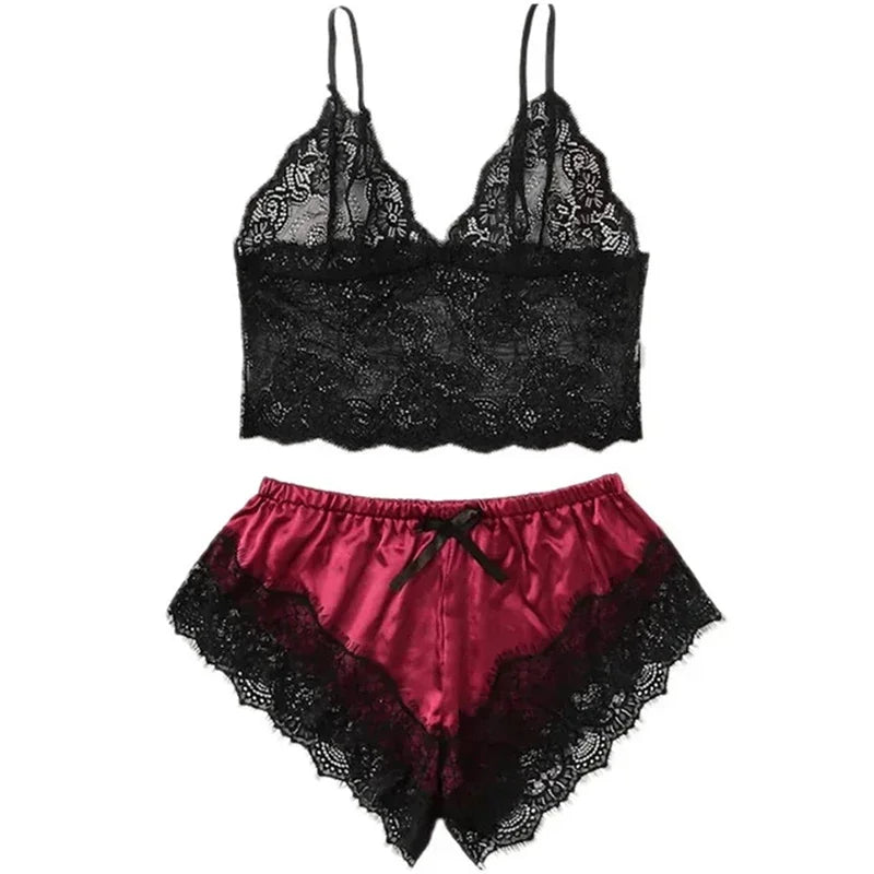 Sexy Lace Neck-line Lingerie Sleeveless V-Neck Tops and Shorts Sets Nightwear