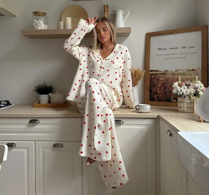 Women's Heart Print Long-Sleeve Lapel Chest Pocket Top And Pants Soft Cotton Fabric Loose Sleepwear