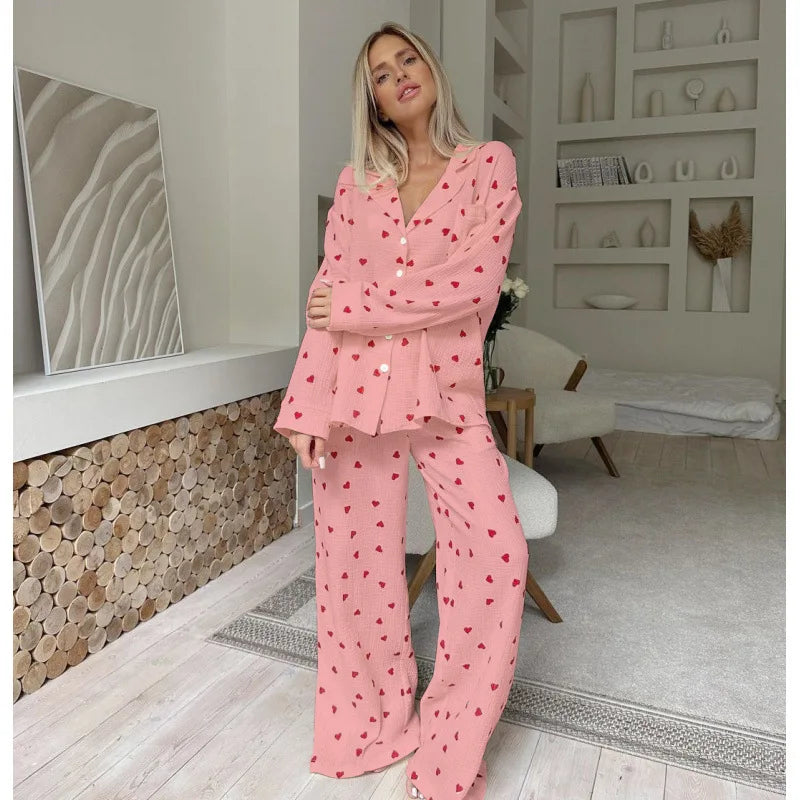 Women's Heart Print Long-Sleeve Lapel Chest Pocket Top And Pants Soft Cotton Fabric Loose Sleepwear